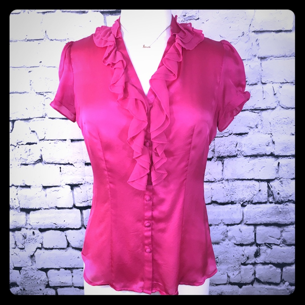 WHBM Pink Magenta Silk Ruffle Top blouse Sz S